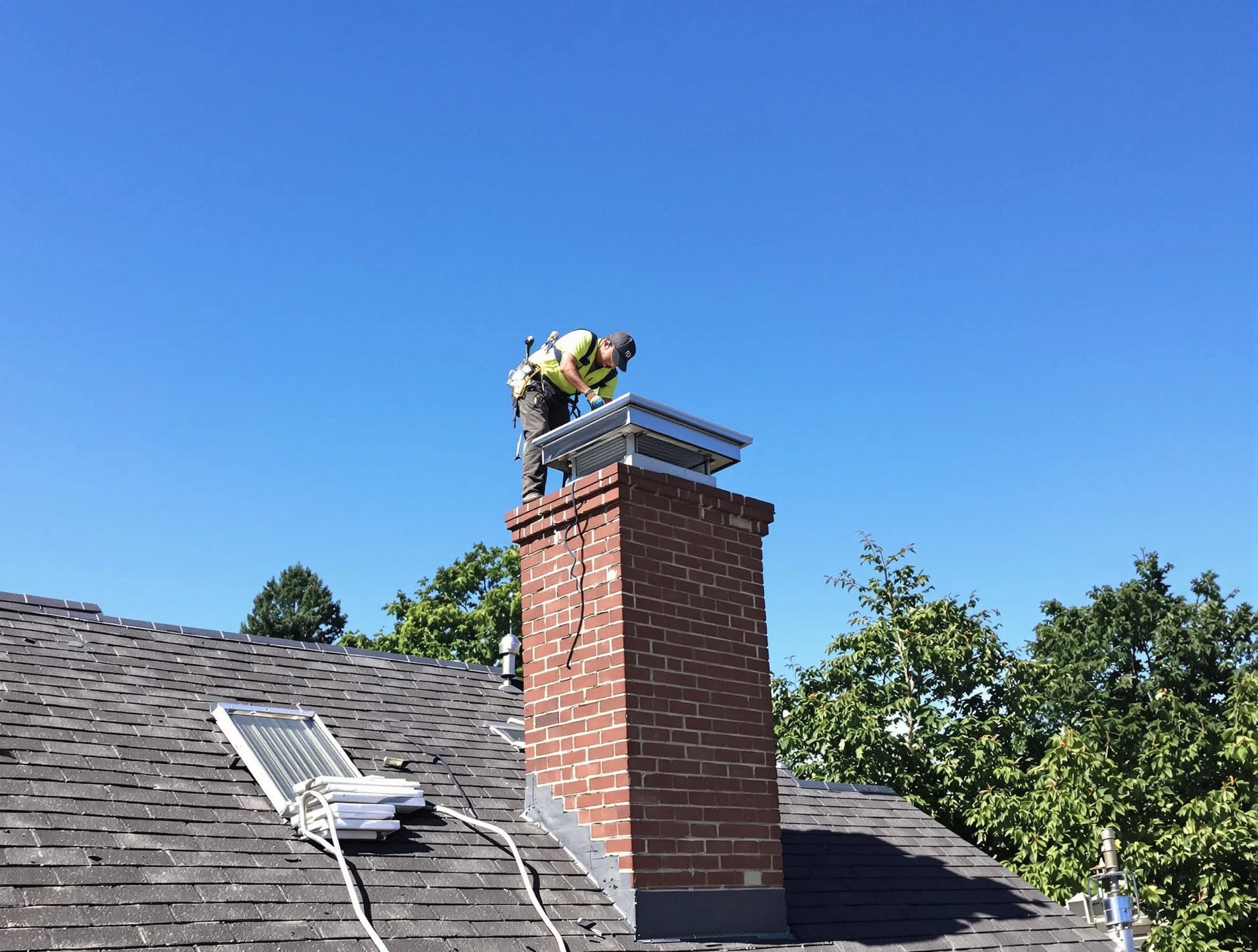 Stonecrest Chimney Sweep technician measuring a chimney cap in Stonecrest, GA